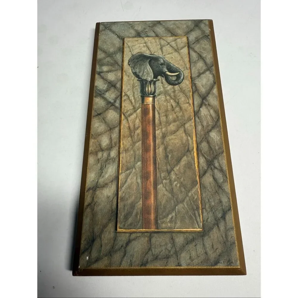 Vintage Arts Arnie Fisk Elephant Print Wooden Plaque 9,5” X 5” See Description
